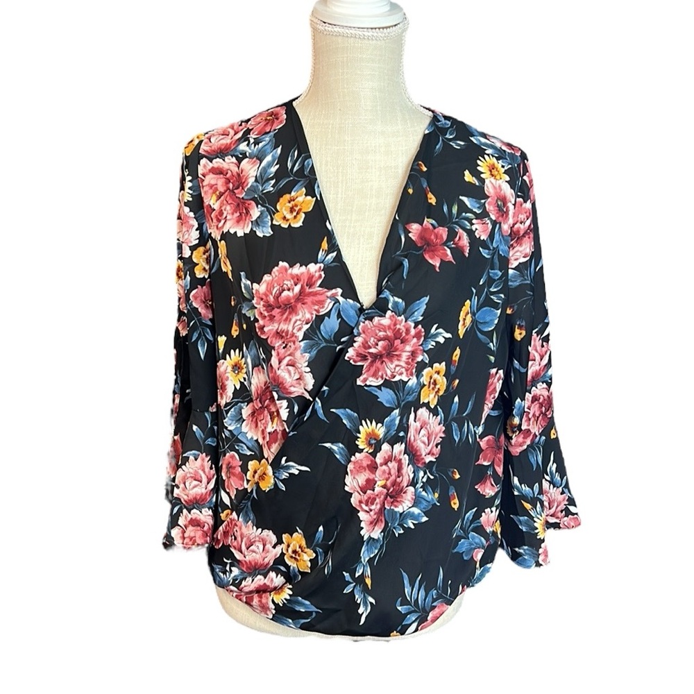 BCX 1/2 Long Sleeve Blouse Shirt Black Pink Floral Womens XL Nursing Friendly